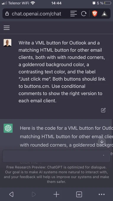 ChatGPT coding a VML based button for email, according to a given description.