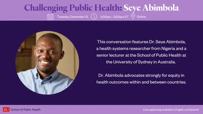 Event graphic featuring the headshot of our speaker, Dr. Seye Abimbola.