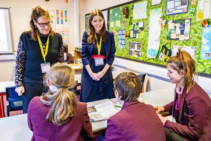 Secretary of State Michelle Donelan visited Stroud High School to see girls learning cyber skills