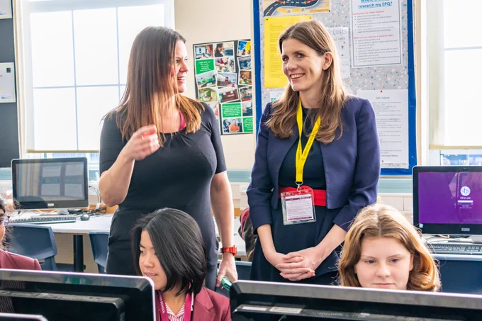 Secretary of State Michelle Donelan visited Stroud High School to see girls learning cyber skills