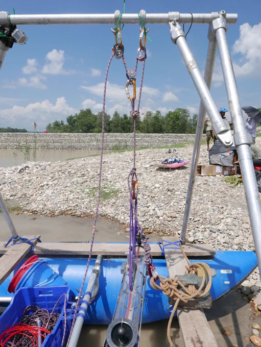 DGPS, ADCP and Van Dorn sampler on the Karnali River in Nepal - all part of a project on flood risk and sediment transport.
