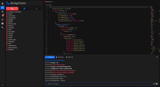 Screenshot of bridge.'s new built-in terminal