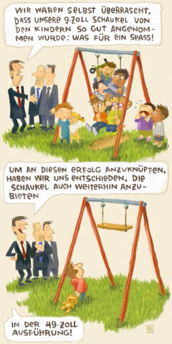 Im ersten Bild: Eine Schaukel, die mit Kindern überfüllt ist. "Wir waren selbst überrascht, daß unsere 9-Zoll Schaukel von den Kindern so gut angenommen wurde! Was für ein Spass". Im zweiten Bild die gleiche Schaukel, aber so hoch angebracht, dass sie von Kindern nicht erreicht werden kann. "Um an diesen Erfolg anzuknüpfen, haben wir uns entschieden die Schaukel auch weiterhin anzubieten -- In der 49-Zoll ausführung".