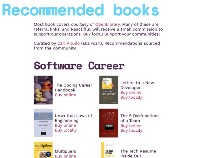 A screenshot of the "recommended books" page on reactiflux.com. It shows a page title of "Recommended books" above a short descriptive paragraph about the tools used and why we're adding affiliate links, and crediting Carl Vitullo for curating the list