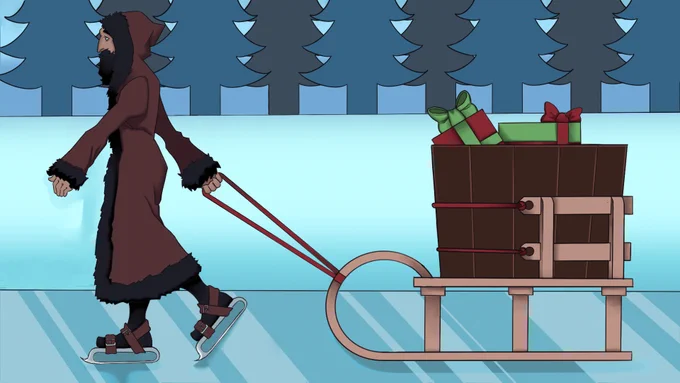 Illustration von Julia Nurit Schönnagel: Knecht Ruprecht läuft Schlittschuh und zieht dabei einen großen Schlitten voller Geschenke. Im Hintergrund sieht man eine verschneite Landschaft.
