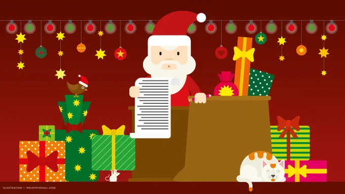 Illustration von Friederike Hofmann: Der Weihnachtsmann hält eine lange Wunschliste in der Hand. Er steht neben einem Sack voller Geschenke. Neben ihm auf dem Boden liegen weitere Geschenke und eine schlafende Katze. Auf einem Geschenk sitzt ein  Vögelchen mit Weihnachtsmannmütze. Über allem hängt eine weihnachtlich geschmückte Lichterkette.