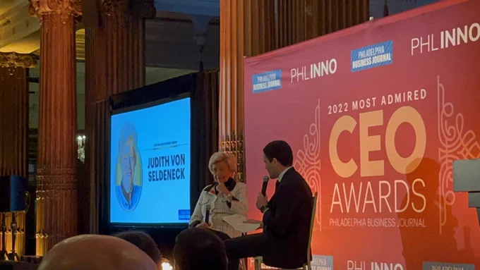 Judith M. von Seldeneck, left, sits for an interview with Ryan Sharrow, editor-in-chief of the Philadelphia Business Journal, during the 2022 Most Admired CEOs ceremony,