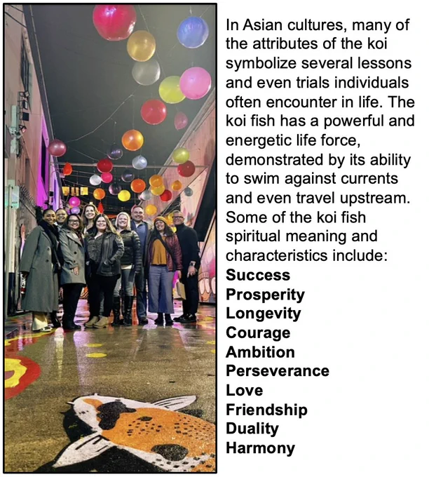 Colorful photo of the SIP team with a koi street painting in front of them. Also a definition of the meaning of koi in Asian cultures.
