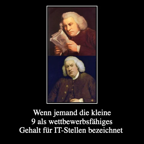 Es sind zwei gezeichnete Bilder zu sehen, die einen Mann mit schulterlangem weißen Haar zeigen (könnte auch eine Perücke sein). Im ersten Bild liest er ein Buch, im zweiten schaut er verwirrt zum Zuschauer.  Das Bild ist mit "Wenn jemand die kleine 9 als wettbewerbsfähiges Gehalt für IT-Stellen bezeichnet" betitelt.