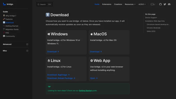 Screenshot of bridge.'s download page