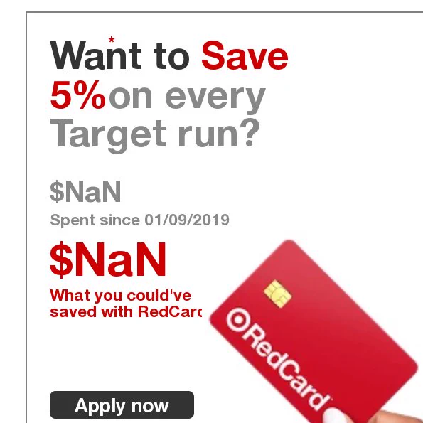 Target advertisement showing the amount spent on my account as NaN