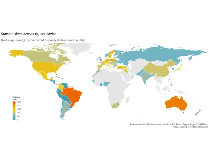 World map showing where and how many participants there were in each country