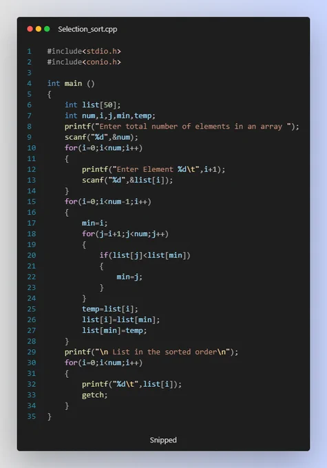 #Day24 #100DaysOfCode 
Project : Selection sorting
Language : C
#programming  #daily #programmer #python3 #Python  #javascript  #cpplanguage #clanguage #ArtificialIntelligence  #webdevelopment  #DataScience #appdevelopment #tech #technical #girlscript #googledevs #CPP #c #DevOps