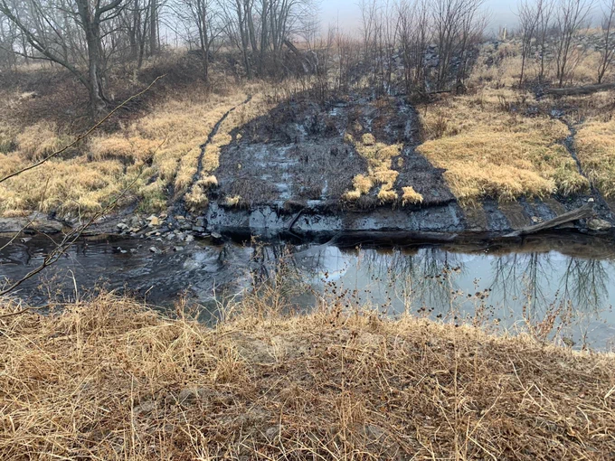 A picture of the area impacted by the pipeline rupture and oil discharge in Kansas
