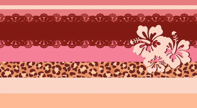 a warm colored pride flag with a hibiscus logo towards the right side, a little further upwards the middle point. the first stripe is a light red, with a hint of brown. that first stripe is separated with a thinner stripe, it’s a warm-toned off-white color. the next stripe is a dark red-brown with a lace edge. the following stripe is a happy feeling pink, and after that is a leopard print stripe. second to last stripe is the same off-white color as the thin one near the top, except this one is the same size as the stripes around it. the final stripe is a pale orange, leaning on “creamsicle” color. the hibiscus mentioned at the start is also off white like two of the stripes, and has a brown sort of shadow to it that’s like the color of the dark parts in the leopard print.