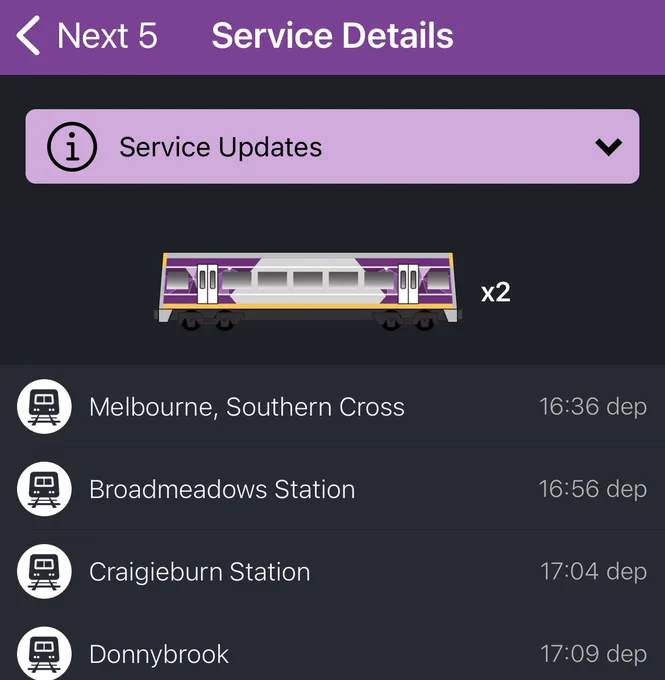 Service details: 16:36 from Southern Cross to Seymour. Train is 2 Sprinter carriages.