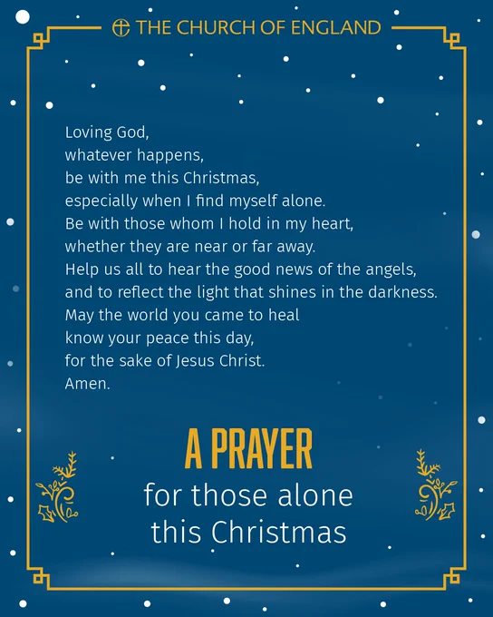 Loving God, 
whatever happens, be with me this Christmas, especially when I find myself alone. 
Be with those whom I hold in my heart, whether they are near or far way. 
Help us to hear the good news of the angels, and to reflect the light that shines in the darkness. 
May the world you came to heal know your peace this day, 
for the sake of Jesus Christ. 
Amen.