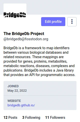 Image from the linked blog post showing the new Mastodon account at https://fosstodon.org/@bridgedb