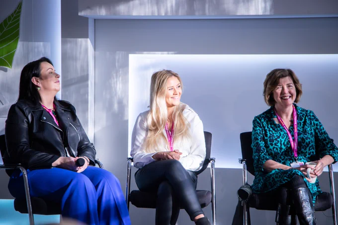 This photo is of two former Boardroom Apprentices, Adriana and Aoidin being a part of a panel discussion with Sue Gray.