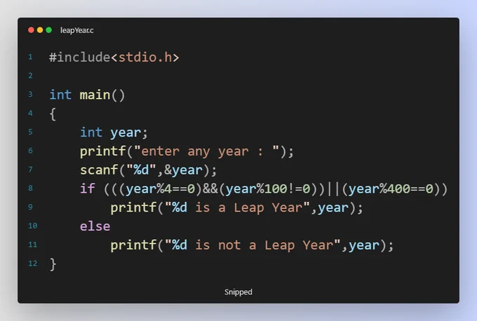 #Day24 #100DaysOfCode
Project : Leap year or not
Language : C
#programming  #daily #programmer #python3 #Python  #javascript  #cpplanguage #clanguage #ArtificialIntelligence  #webdevelopment  #DataScience #appdevelopment #tech #technical #girlscript #googledevs #CPP #c #DevOps

