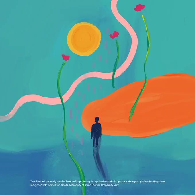 Illustration of a person, pink flowers and the sun on a backdrop of various blues with pink and orange designs. Disclaimer: ¹Your Pixel will generally receive Feature Drops during the applicable Android update and support periods for the phone. See g.co/pixel/updates for details. Availability of some Feature Drops may vary.