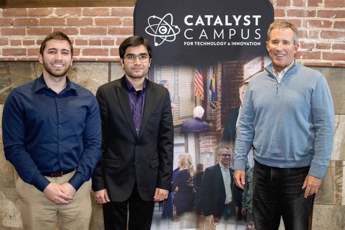 InfraLytiks’ founders and executives are shown in a 2020 photo taken at an Air-Force-sponsored accelerator program in Colorado Springs. From left are Chief Technology Officer Tyler Carter; Chief Technology Officer Akash Vidyadharan and President Kevin Prendergast. Photo courtesy of InfraLytiks