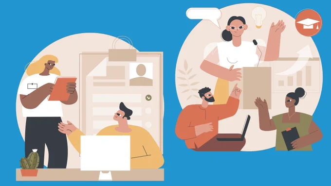 2 different illustrations showing people working with computers.