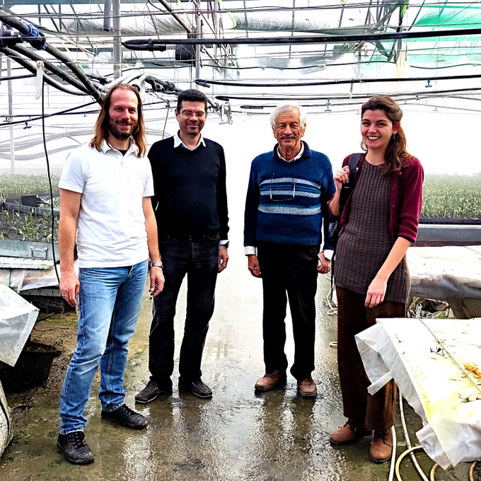 From left to right: Jann Kruse, Vassilis Papadakis, Antonis Pagalos and Ioanna Kaltsa at the greenhouse of the GreenGardens tree nursery.