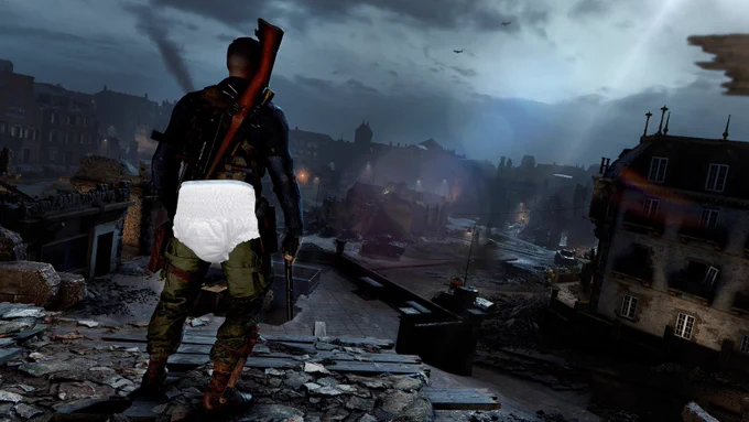 Karl Fairburne from Sniper Elite 5, looking out on a ruined town in war-torn France at night. He's carrying a rifle on his back, a pistol in his hand and he's wearing a diaper.