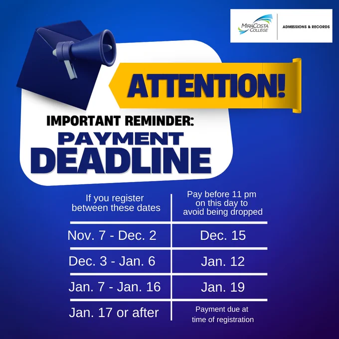 For Spring 2023, check out the payment deadlines for classes: If you registered for classes between 11/7-12/2, deadline is 12/15. Registered between 12/3-1/6? Deadline is 1/12. Registered between 1/7-1/16? Deadline is 1/19. Registered 1/17 or later? Payment is due at registration #registration #payment #deadlines