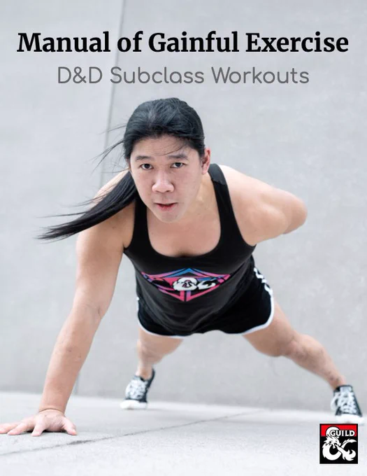 Cover of the "Manual of Gainful Exercise". Steve in a black bi d20 tank top and black short shorts, looking at the camera while in a single-arm push-up position. Background is concrete floor and walls so very industrial vibe. DMs Guild logo in the bottom right.