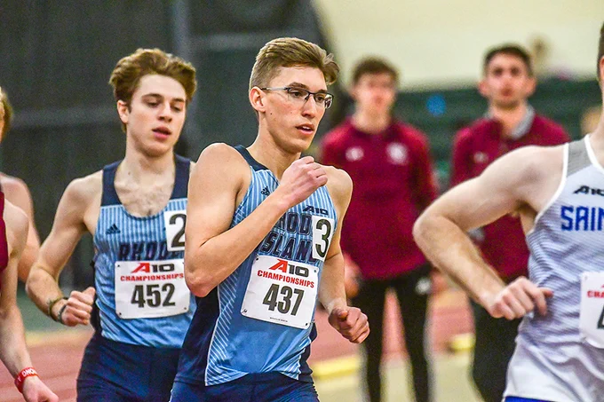 Aidan Kindopp (wearing glasses) and Kellen Waters (left) scored points for URI in the 1,000-meter run at the Atlantic 10 Indoor Championship. (Photo by Mike Scott)