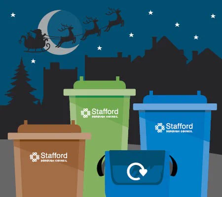 selection of household bins with night sky and santa's sleigh in background