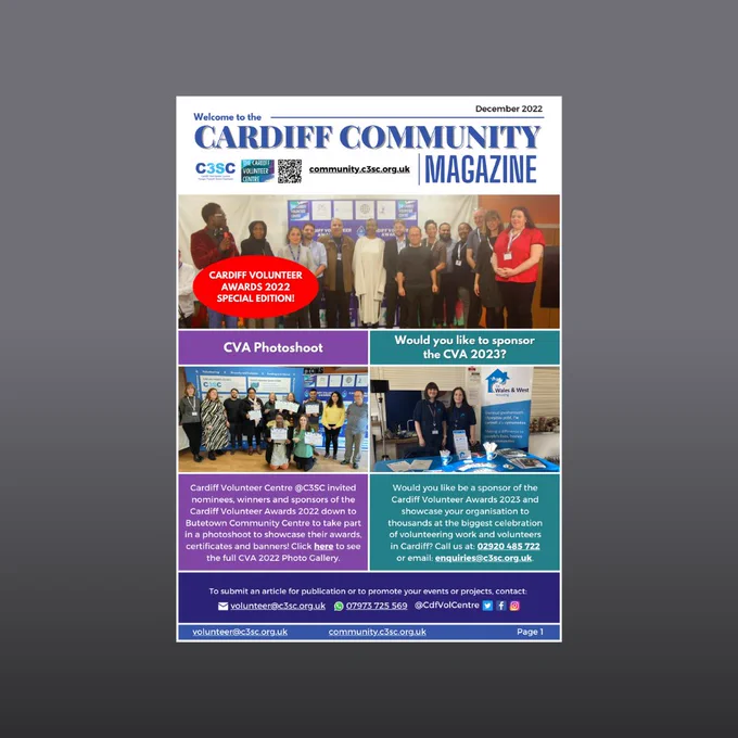 Cardiff Community Magazine front cover on a fading grey background.

C3SC staff on stage at Cardiff Volunteer Awards 2022 banner featured image.

Details on how to submit an article for the magazine at he bottom of the front page.