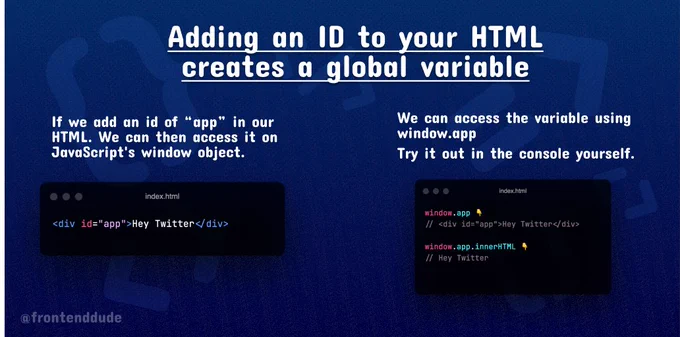 Adding an Id to your HTML creates a global variable. 

If we add an id of “app” in our HTML. We can then access it on JavaScript's window object.

<div id="app"></div>

We can access the variable using window.app
Try it out in the console yourself.

window.app 
// <div id="app">Hey Twitter</div>

window.app.innerHTML 
// Hey Twitter