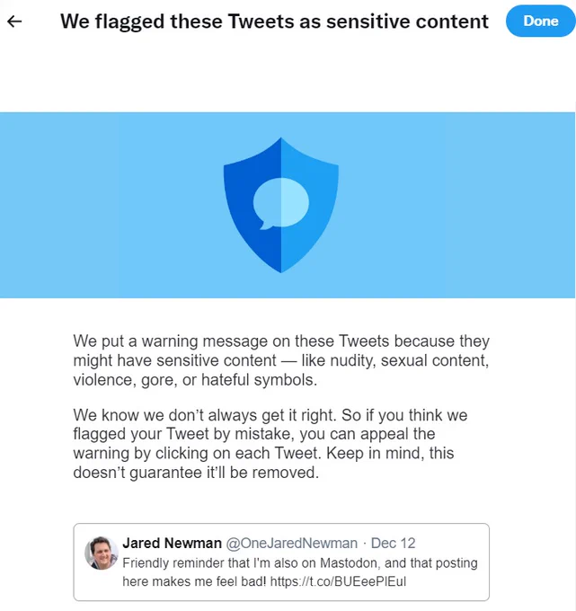 Tweet flagged as sensitive: "Friendly reminder that I'm also on Mastodon, and that posting here makes me feel bad!" with link to Masto profile.