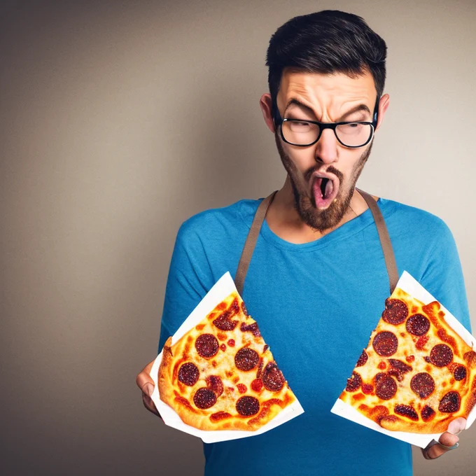 AI-generated image of a person feeling bad after eating too much pizza.