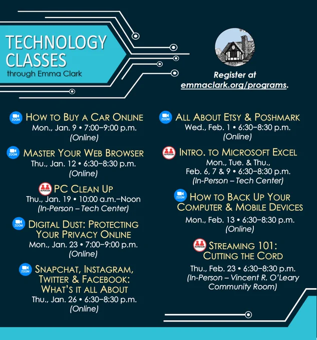 Technology Classes through Emma Clark with listing of classes for January and February.