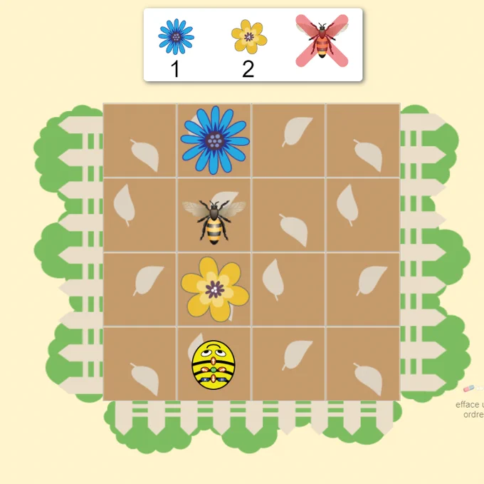 Jeu tournée des fleurs : exemple où le robot doit respecter un ordre de commande de fleurs en évitant le bourdon