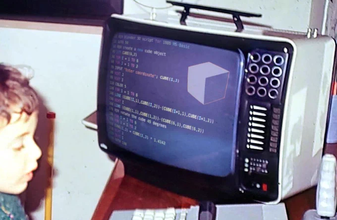 Fake text on the screen, some 1986-style MS-Basic code that looks like it's a script for Blender 3D