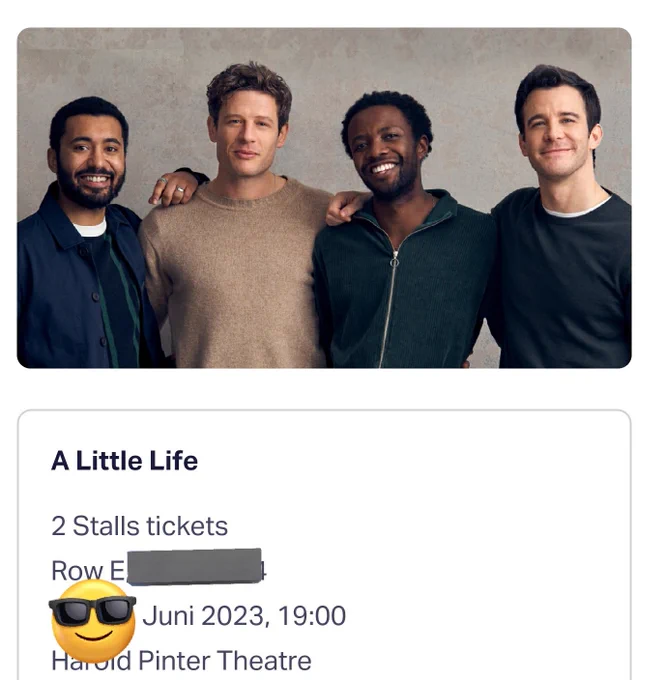 Confirmation of theatre tickets purchased for "A Little Life" at Harold Pinter Theatre in June 2024, including a cast photo.
