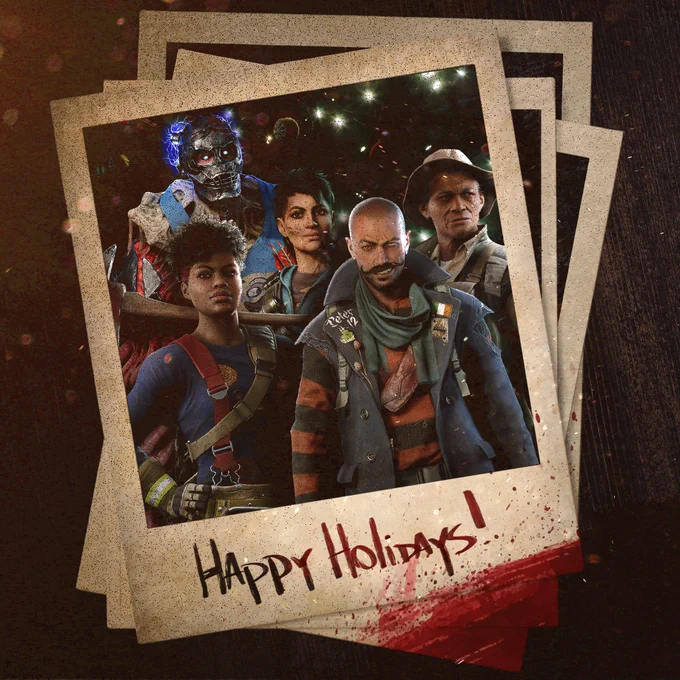 A polaroid picture of Jeff, Tala, Sharice, "Prophet" Dan, and Heng in front of the Fort Hope decorated holiday tree. The text at the bottom of the image says "Happy Holidays!" 