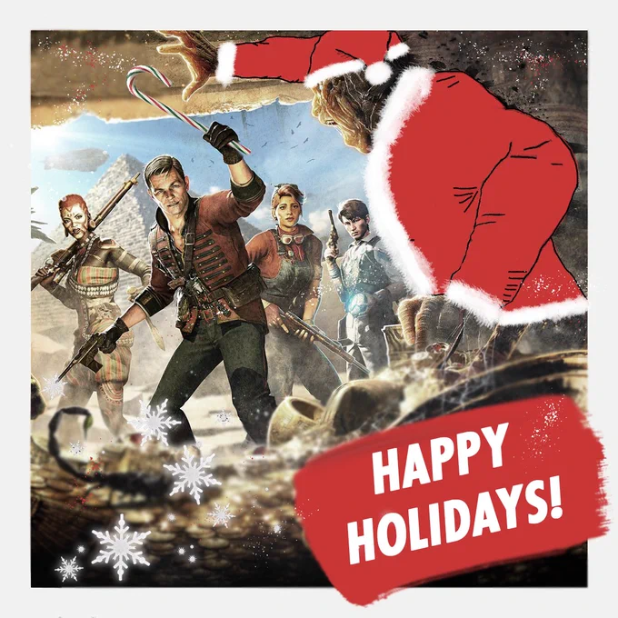 The Strange Brigade look into a menacing looking cave, one of them is holding a candy cane. Their enemy rushes towards them wearing a Santa costume! Text reads: Happy Holidays. 