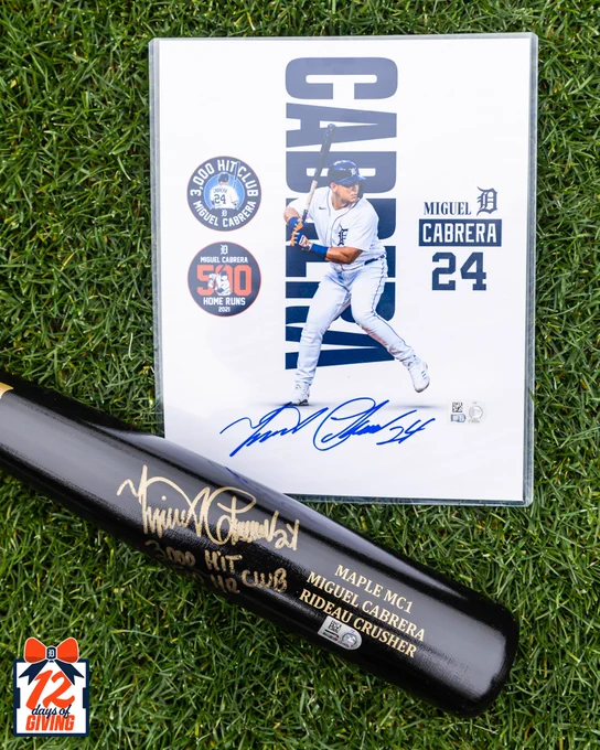 Autographed Miguel Cabrera black maple bat inscribed 3000 HIT 500 HR CLUB and autographed Cabrera photo with 3000 hit/500 home run logos
