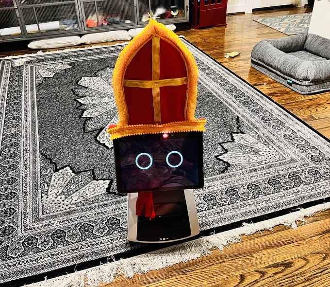 Amazon Astro robot dresses as Sinterklaas, the Dutch-based St. Nicholas for Christmas.