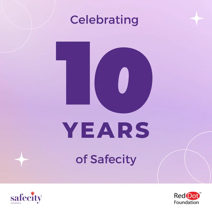 Light purple background with white designs.
Centre-aligned, text in purple: Celebrating 10 YEARS of Safecity
On a white strip at the bottom are the logos of Safecity and Red Dot Foundation. 