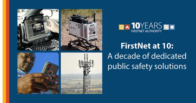 Cop with phone; CRD; cell tower; FirstNet 10 Year logo; "FirstNet at 10: A decade of dedicated public safety solutions"