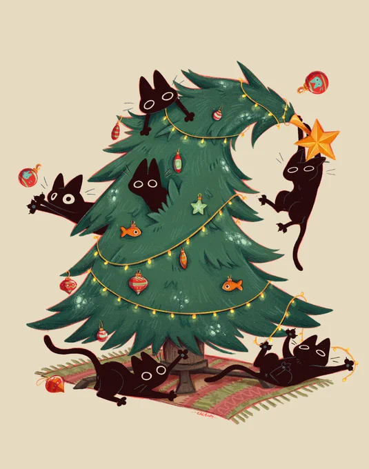 cute cat cats adorable Christmas tree illustration digital art colorful cat mess