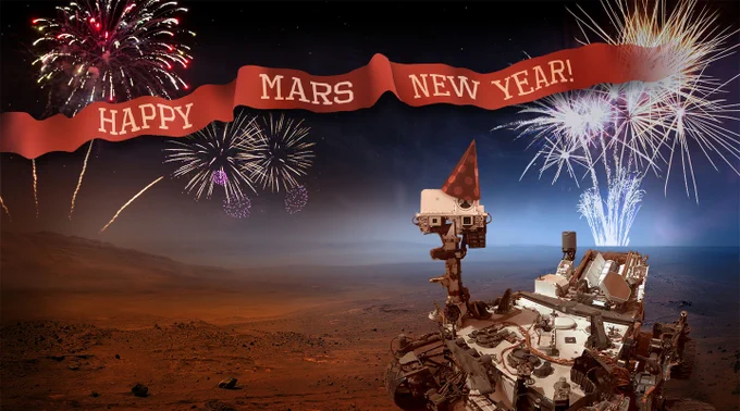 Illustration shows NASA’s Mars Curiosity rover on the surface of Mars, with a red party hat atop its camera mast. Overhead, a fluttering red banner reads, “ Happy Mars New Year!” and fireworks fill a darkened sky.
