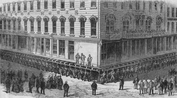 Image showing Raising the Briggs House, a Chicago brick hotel, in 1866
